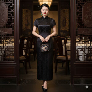 Gantos Petite 8P Black Satin Mandarin Collar Maxi Dress • Side Slit Cheongsam St